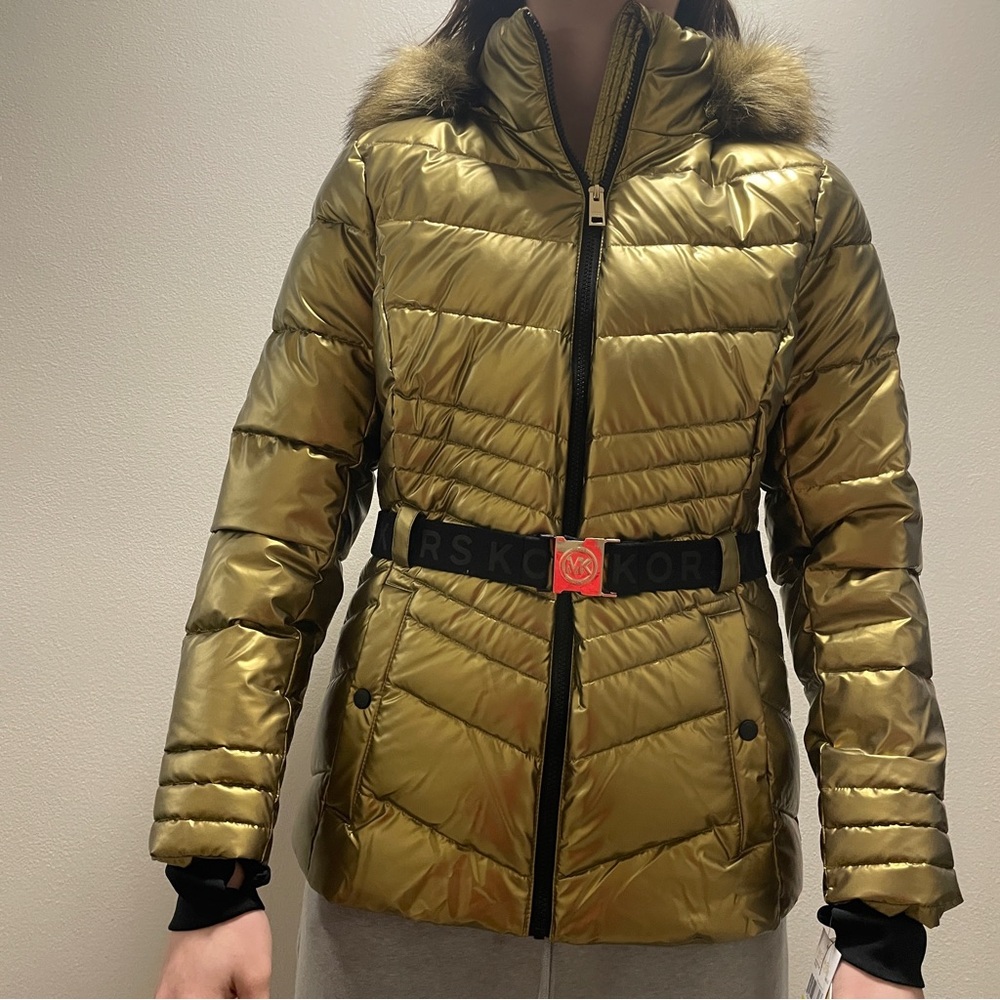 Michael Kors Metallic Gold Quilted Hooded Faux Fur Puffer Coat Size Medium - Picture 1 of 7